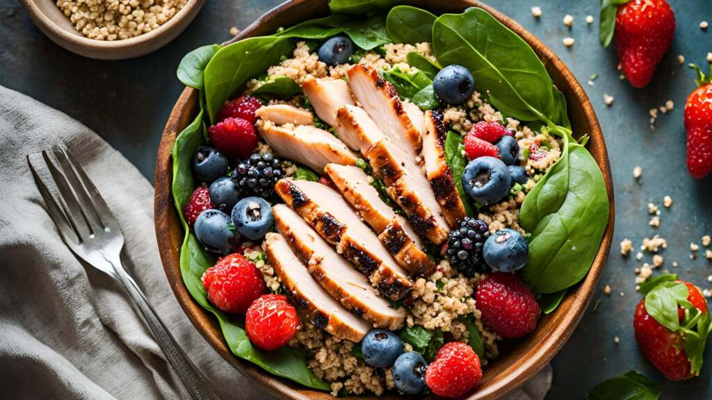 Spinach Salad with Quinoa Chicken and Fresh Berries