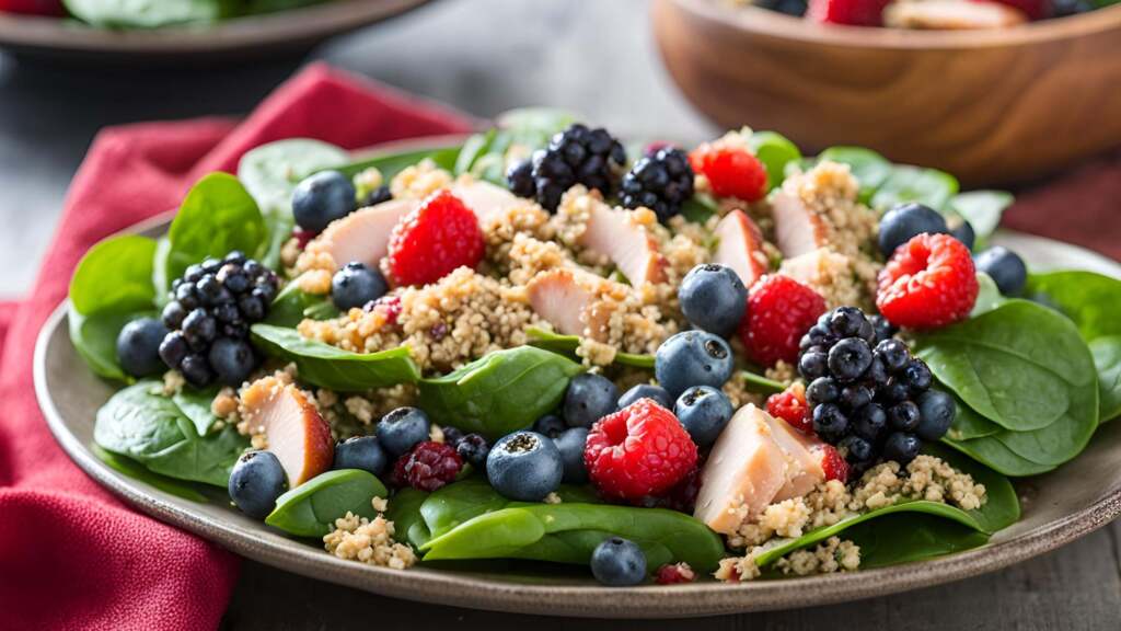 Spinach Salad with Quinoa Chicken and Fresh Berries